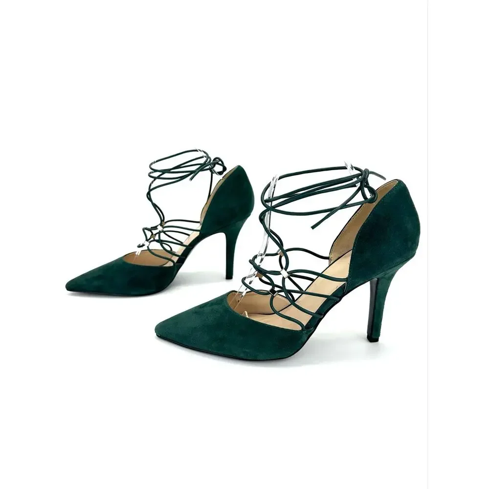Nine West Jarraho D'Orsay Stiletto Pump Sz 10 Green Suede Adjustable Ankle-Wrap
